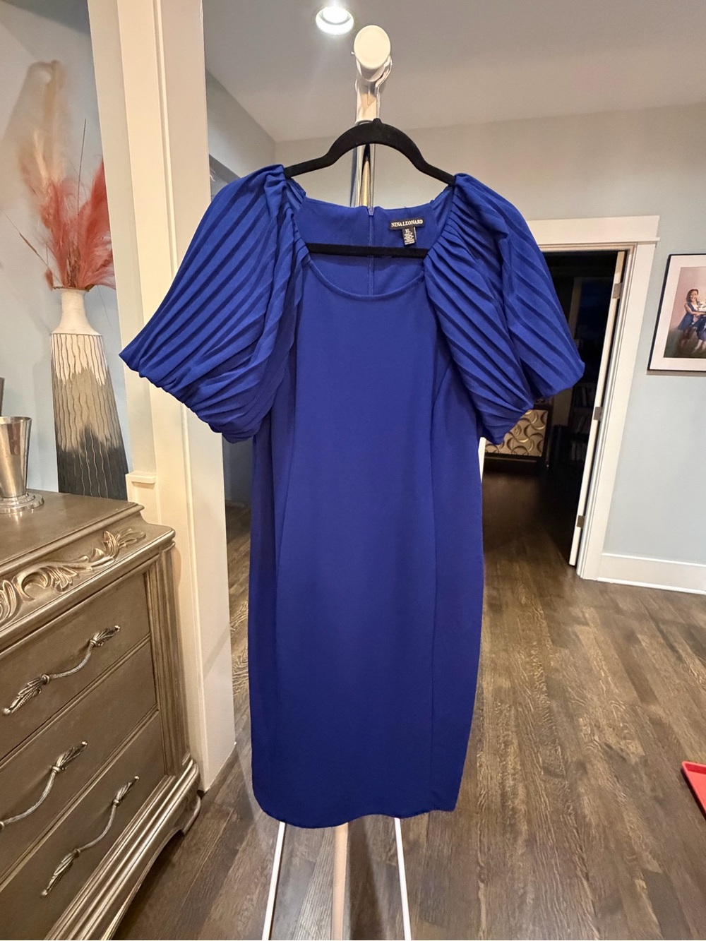 Nina Leonard Royal Blue Pleated Sleeve Shift Dress